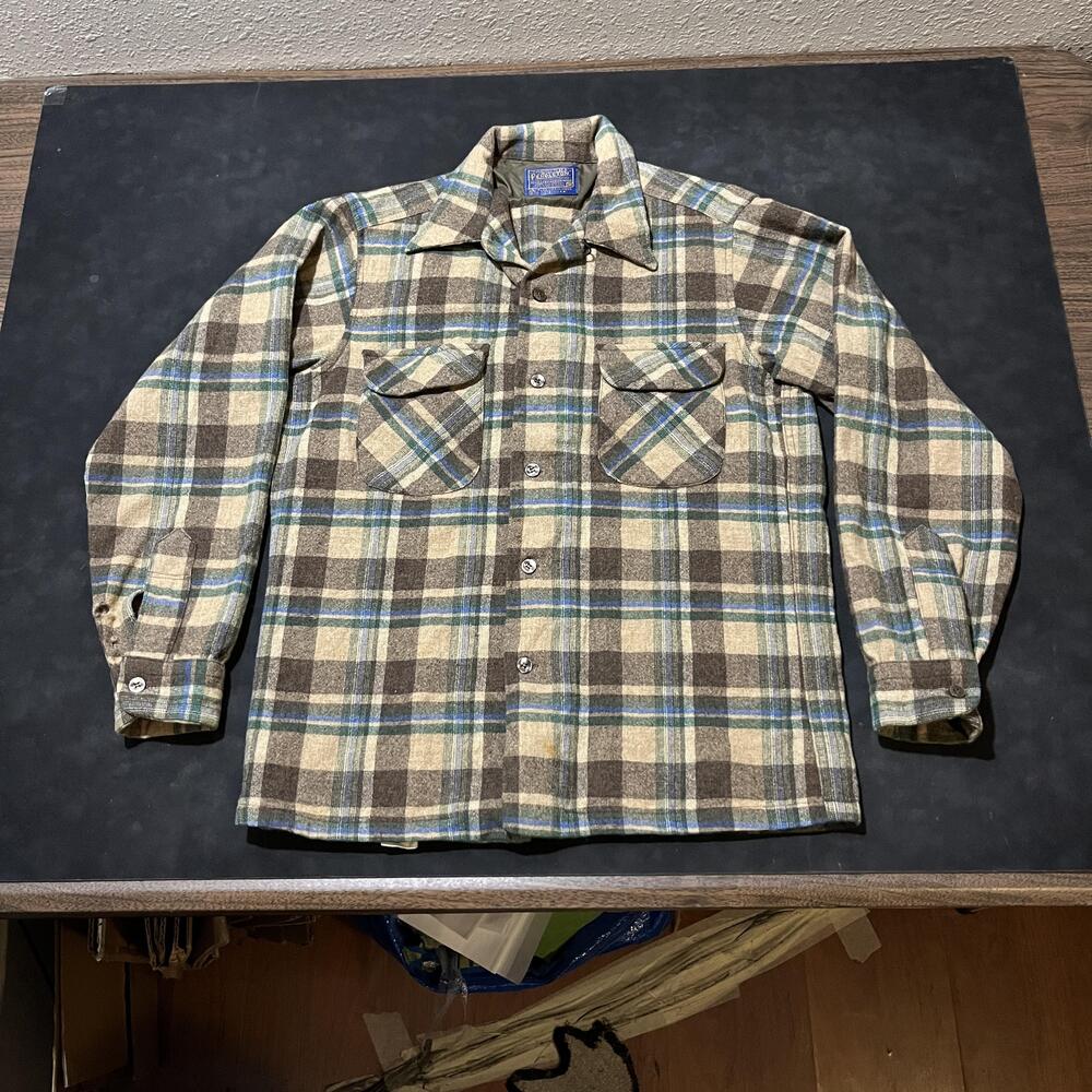 Vintage Pendleton 60s Board Shirt Men Loop Collar Flap Pocket Wool Flannel USA